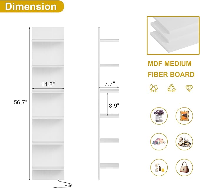 Qupui 6 Tier Wall Shelf Unit with LED Light, Floating Storage Home Decor Organizer Shelving for Bedroom Living Room, White