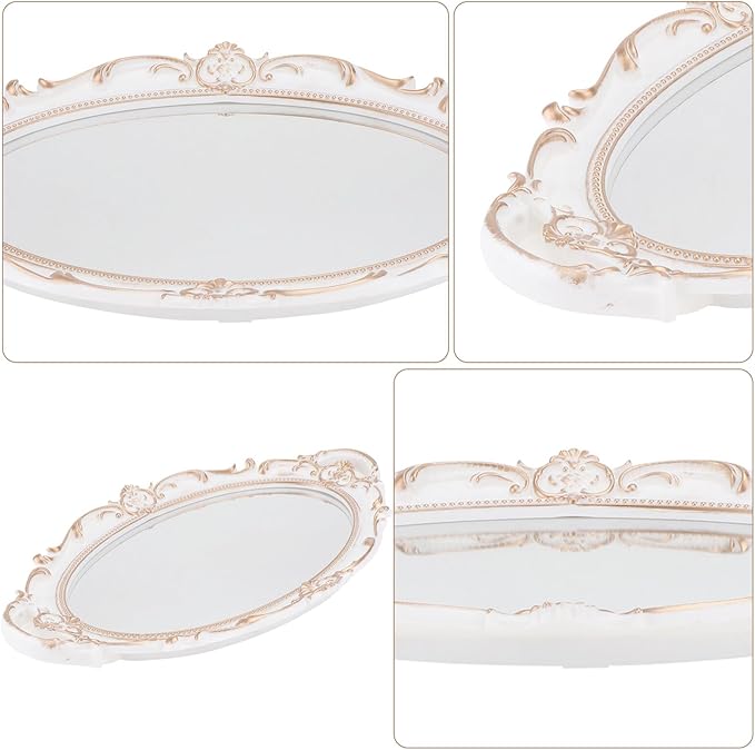 SAFIGLE Oval Mirrored Tray Decorative Jewelry and Makeup Organizer White Vintage Style Photo Prop Dresser Display for Home Décor and Vanity Accessories