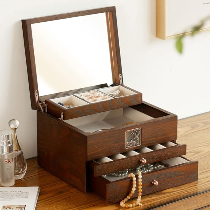 Makeup Organizers 10.23 Inch Jewelry Box Wooden Retro Storage Box Small Jewelry Box Box Can Store Display Ring Bracelet Necklace Earrings Watch Jewelry Case