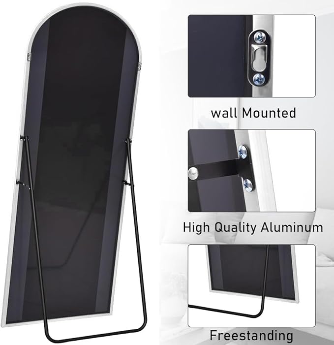Prywot Arched Floor Mirror, 58 "x 18" Full Length Mirror Wall Mirrors Hanging or Leaning Arched-Top Full Body Mirrors with Stand for Bedroom, Dressing Room, White
