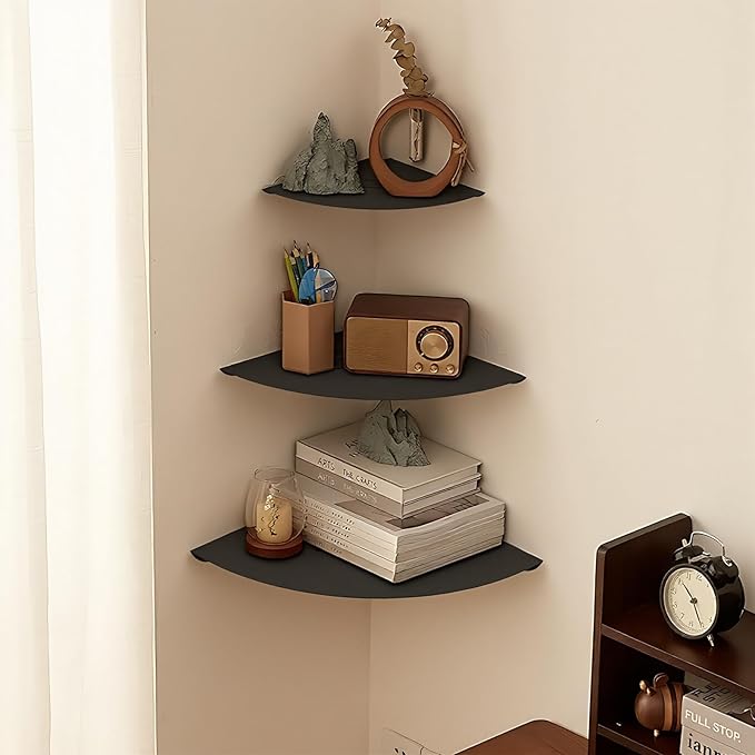 Small Corner Shelf, Floating Metal Corner Shelves,Corner withs Wire Hole for TV, Cable Box,Corner Wall Shelf for Bathroom, Bedroom, Kitchen, Livings Room, Study Room (Black, 1Pack 6 in)