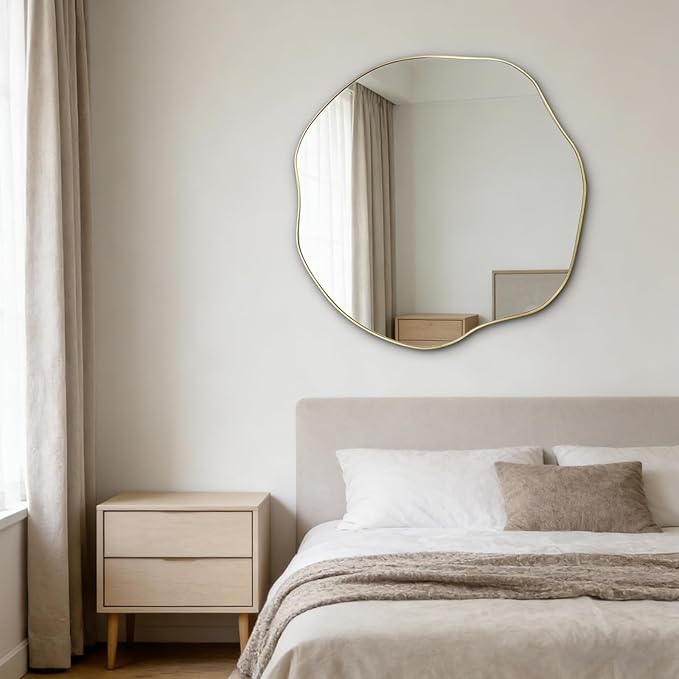 POZINO Irregular Wall Mirror, 35" Large Asymmetrical Mirrors, Gold Scalloped Rounded Mirror, Modern Frameless Abstract Circle Mirrors for Living Room Bedroom Bathroom Entryway Hallway Fireplace