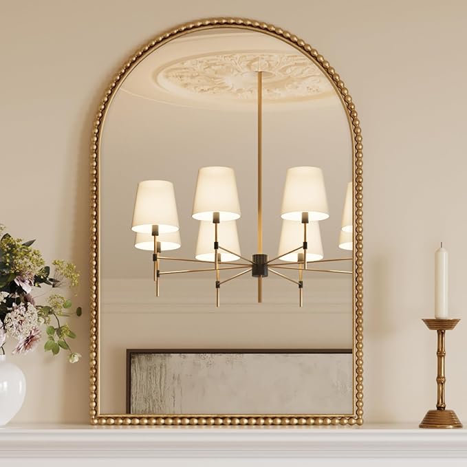 Gold Beaded Arch Wall Mirror - Large Arched Mirror Wall Decor 36"X24" with Metal Frame, Ideal for Entryway, Fireplace, Living Room, Hallway, Bathroom