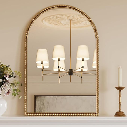 Gold Beaded Arch Wall Mirror - Large Arched Mirror Wall Decor 36"X24" with Metal Frame, Ideal for Entryway, Fireplace, Living Room, Hallway, Bathroom