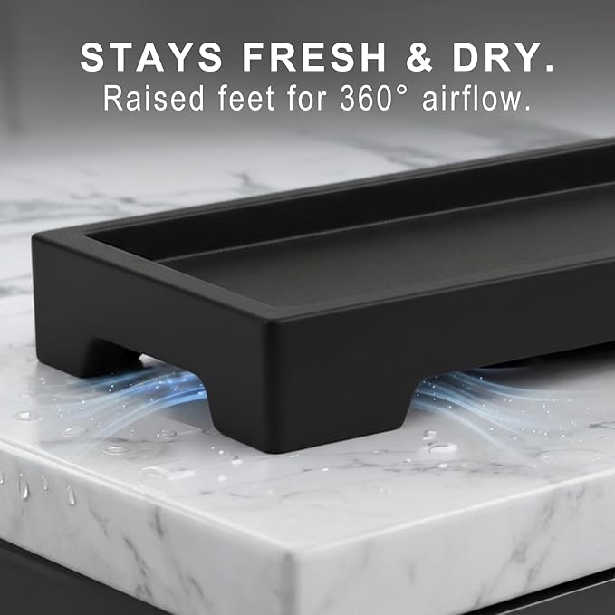 Countertop Vanity Tray - Silicone Bathroom Sink Organizer & Kitchen Soap Tray, Footed Anti-Slip Design, Waterproof Caddy for Perfume, Jewelry, Makeup, Bottle, Oil, Sponge Holder, Black (L10 x W 4.2")