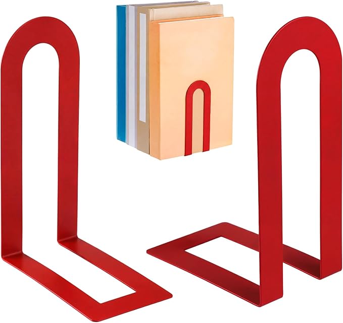 Chunful 2 Pcs Modern Metal Book Ends for Shelves Decorative Small Bookends Book Shelf Organizer Minimalist Design Stopper to Hold Books for Home Office (Red,5.5 * 3.75 * 2.25inch)