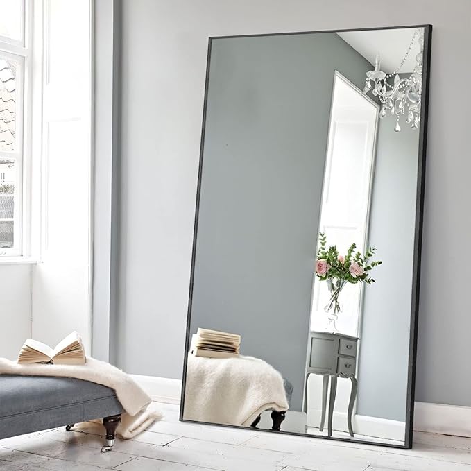 NeuType Full Length Mirror Floor Mirror, Long Mirror Full Body Dressing Mirror, Large Wall Mirror Bathroom Mirror Standing Mirror, Large Mirrors for Bedroom, Metal Frame, Black 51"x31", No Stand