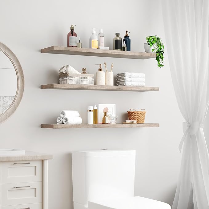RALGEND Floating Shelves for Wall, 1.5" Thick Wall Shelf Set of 3 with Invisible Brackets, L39.4 x W7.9 Hanging Book Shelves Farmhouse Home Decor for Bathroom, Living Room, Bedroom, Greige 10301BJP3BG