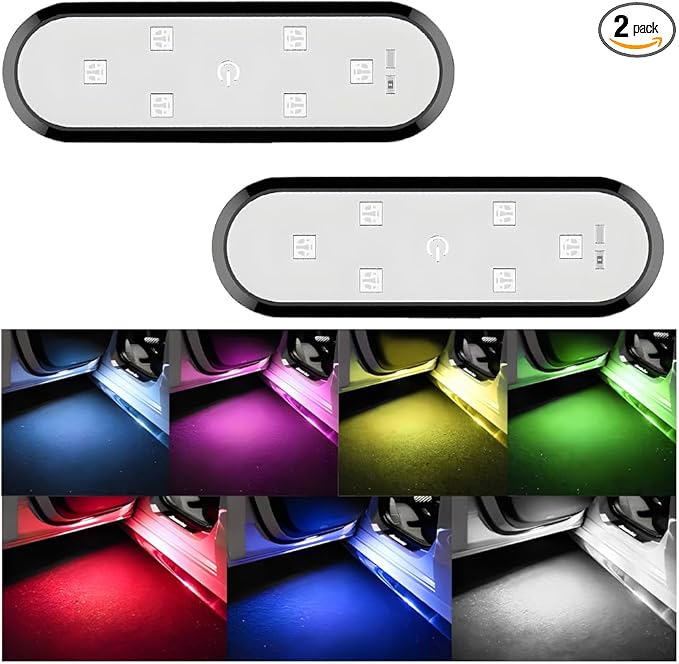 2PCS Car Door LED Lights Projector, 7 Colors Magnetic Vehicle Wireless Sill Courtesy Warning Lamp, USB Rechargeable Auto Interior Ambient Sensing Welcome Lights, Universal Fit
