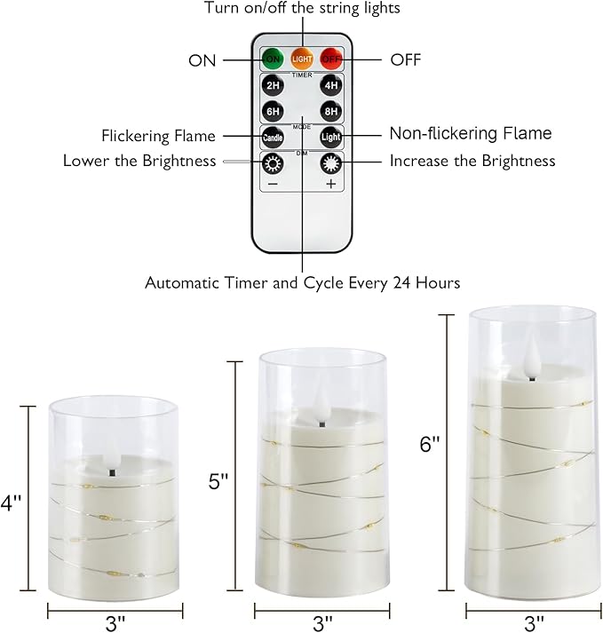 Homemory Flameless Candles with Embedded Star String Fairy Lights, Battery Operated Candles, LED Candle, Fake Candles with Remote Control and Timer, White, Set of 3(H 4" 5" 6”)