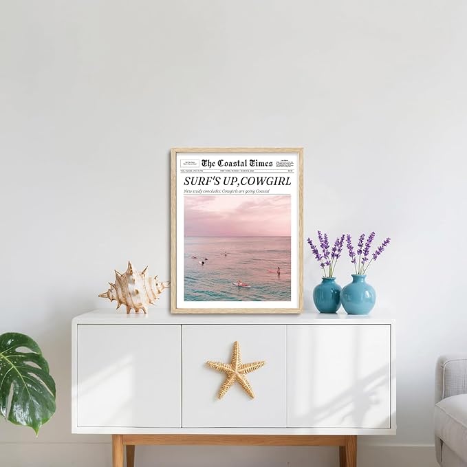 Bwodke OAK Wood Framed Wall Art Surf’s Up Coastal Cowgirl Canvas Art Vintage Newspaper Pictures Western Wall Decor Hot Girls Prints Trendy Artwork for Girly Dorm Bedroom 16"x20"