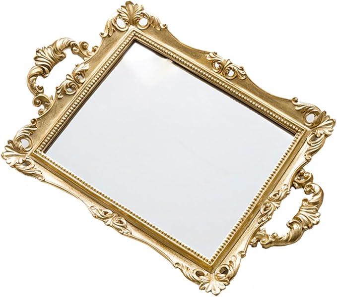 BESPORTBLE Retro Carved Golden Mirror Tray Resin Storage Decorative Plate Nordic Style Wedding Makeup Vanity Organizer for Cosmetics and Room Décor