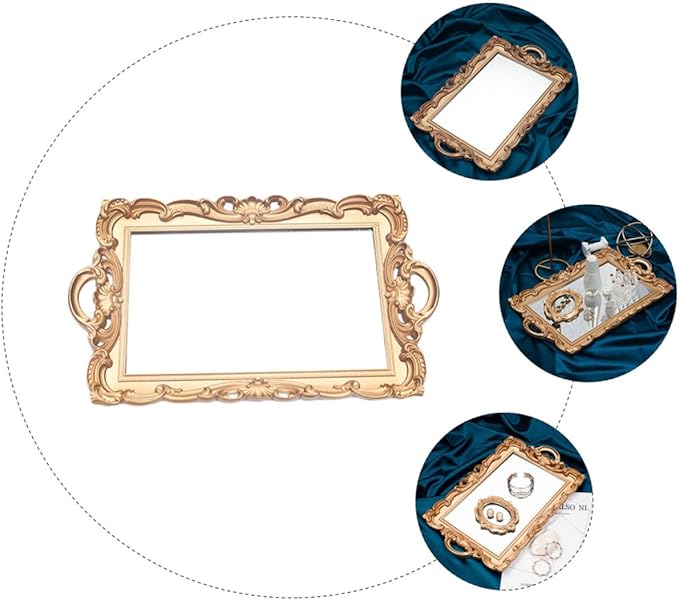 Cabilock Retro Mirror Makeup Tray Gold Rectangular Plastic Cosmetic Storage Plate Perfume Organizer Vanity Decorative Tray for Home and Dressing Table