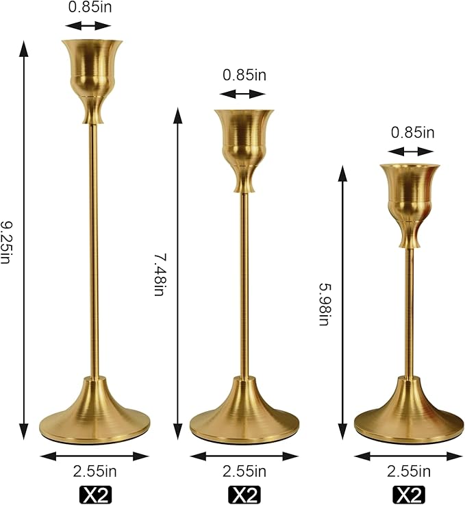 NLBTW Set of 6 Brass Gold Candle Holders for Taper, Vintage Candlestick Holder Decorative Metal Candle Sticks Home Decor Centerpieces for Table Mantel Festive Decorations