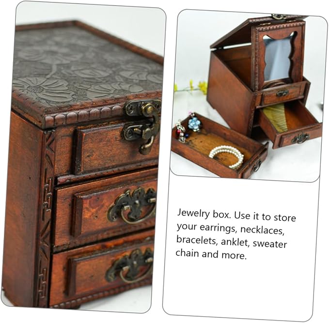 OUNONA Vintage Chinese Jewelry Box with Mirror Multi Functional Jewelry Storage Organizer for Makeup and Accessories Dustproof Wooden Case Ethnic Style Vanity Decor Gift