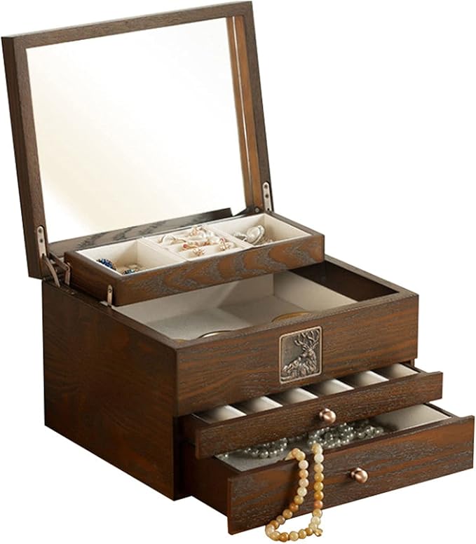 Makeup Organizers Luxury Wood Jewelry Box Velvet Necklace Ring Earring Watch Organizer Jewellery Storage Case Casket Jewelry Case(B)