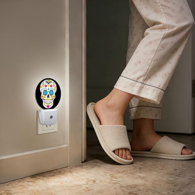 Skull Skeleton Head Halloween Dia De Los Muertos Night Light Plug Into Wall Auto Led Sleep Round Lamp for Living Room Hallway Stairs