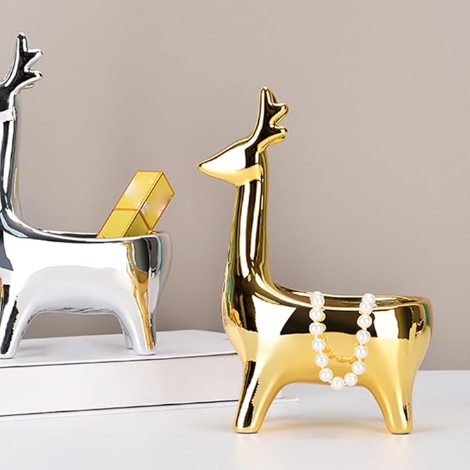 STAHAD Deer Shaped Ceramic Storage Box for Cosmetics and Jewelry, Gold Desktop Organizer Container with Lid, Decorative Holder for Makeup and Small Accessories