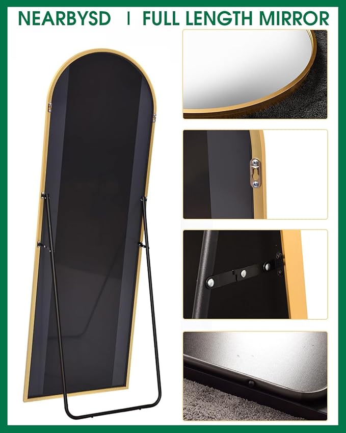 NEARBYSD Arched Full Length Mirror77 x38 Full Body Floor Mirror Standing Hanging or Leaning Wall, Arch Wall Mirror with Stand Aluminum Alloy Frame for Bedroom Cloakroom Gold