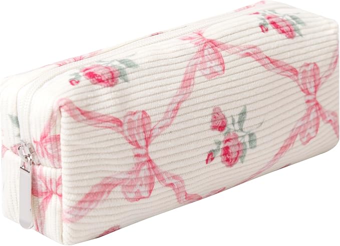 Pencil Case Lightweight Aesthetic Pen Case Office College School Storage Bag Pouch Holder Box Organizer Makeup Pouch Cosmetic Bag for Girls Boys Kids (Flowers-Bow)