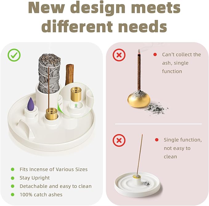 WhiteRhino Ceramic Incense Burner,6 in 1 Multifunction Incense Holder|Sage Holder for Burning|Palo Santo Holder|Candle Holder|Incense Cone Holder|Moon Shape Stand,Ash Catcher Tray for Meditation Yoga