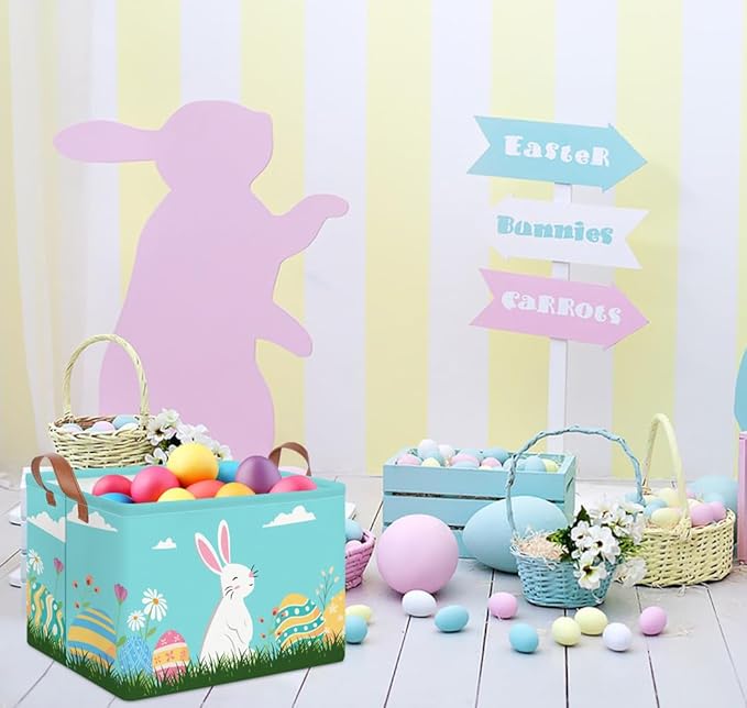 NTAOHAMPER Rectangular Easter Eggs Basket Empty,Easter Storage Bin with Handles,Baby Room Decor,Gift Basket(Blue Easter Eggs)