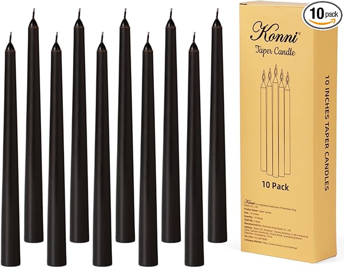 KONNI 0.87×10 Inch Black Taper Candles, Unscented and Smokeless Tall Candlesticks, 10 Pack Halloween Taper Candles with Cotton Wicks, Long Burning, Ideal for Weddings, Dinner Parties, and Home Décor