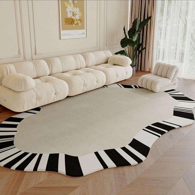 Beige Black White Stripes Irregular Area Rug for Bedroom Living Room Diningroom Non Slip Non Shedding Carpet Mid Century Modern Abstract Shaped Rug Minimalist Home Office Guestroom Floor Mats 7x10