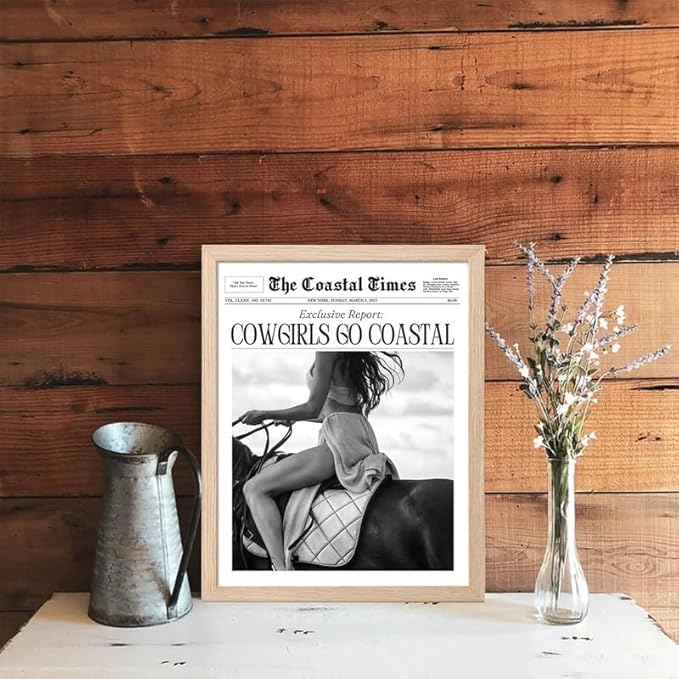 Bwodke OAK Wood Framed Wall Art Cowgirls Go Coastal Canvas Art Vintage Newspaper Pictures Wall Decor Trendy Western Horseback Riding Times Prints for Girly Dorm Bedroom 8"x10"