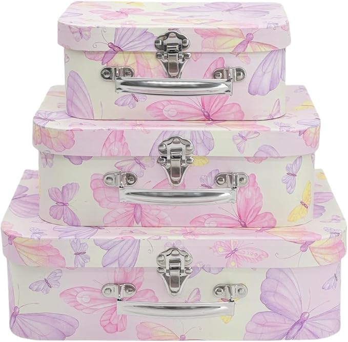 Paperboard Suitcases Set of 3 Decorative Storage Boxes with Lids, Mini Suitcases, Cute Boxes (Butterfly)
