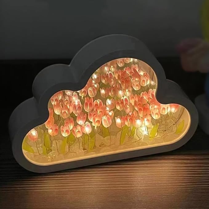 LOGAZOO (20 Flower) Tulip Lamp Night Light with Mirror, Assembled Artificial Flower Lamp Table Light Bedroom Decoration Gift for Women Girlfriend Sisters Desk Table Decor, Cloud Design (Pink)
