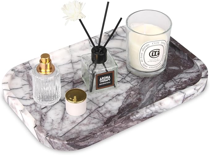 Marble Bathroom Vanity Tray, Natural Marble Home Kitchen Table Tray, Stone Decorative Countertop Serving Organizer for Dresser Coffee Perfume Jewelry Makeup (1, Lilac L, 12 * 8 * 0.8)