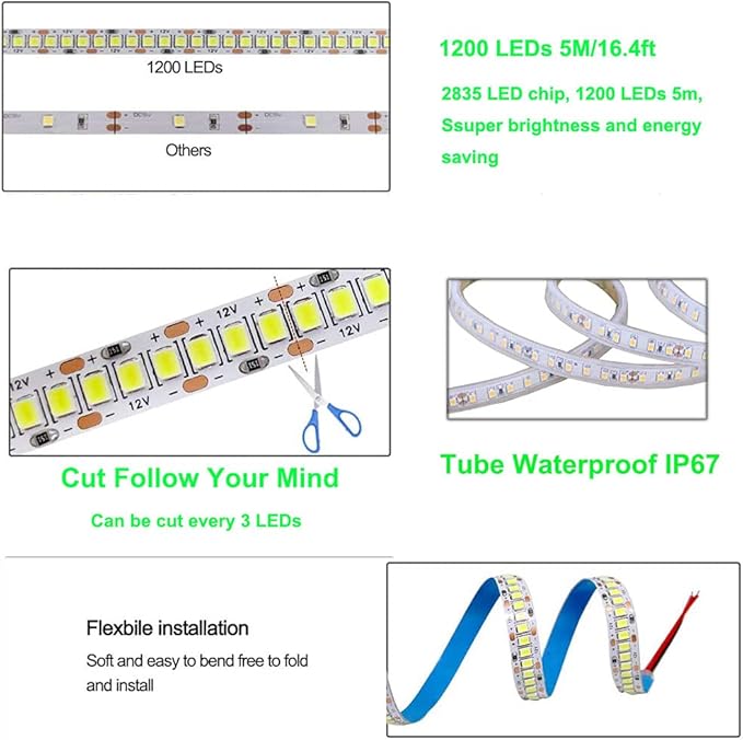 SUYOOULIN LED Strip Lights, SMD 2835 LED Strip, DC12V 1200LEDs 16.4Ft 26000LM High Density LED Light Strips Tube Waterproof IP67, 3 Times Brightness Than SMD3528 LED Strip, Natural White 4500K