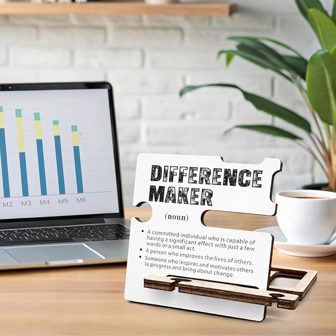 Difference Maker Appreciation Gifts for Teacher Coach Mentor Boss Leader Coworkers Employee Staff - Multi-functional Desk Organizer - Motivational Office Quote Wooden Sign for Office Desk Shelf Decor