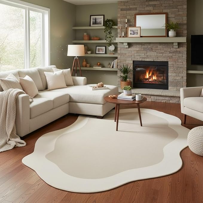 Minimalist Cream Beige Irregular Area Rug 7x9 Modern Abstract Shaped Rugs for Living Room Guestroom Meetingroom Unique Designer Low Pile Washable Carpet Funky Boho Bedroom Home Office Anti Slip Mats
