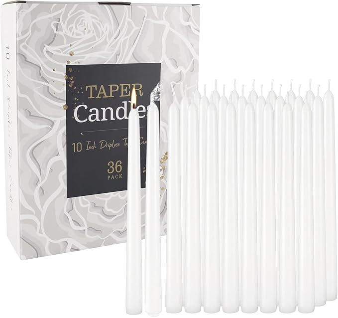 YOROXRG 36 Pack White Taper Candles, 7-8 Hours Burn Time, Unscented, Smokeless and Dripless, 0.8 x 10 Inch Dinner Candle Set for Household, Wedding, Party and Home Décor Candlesticks