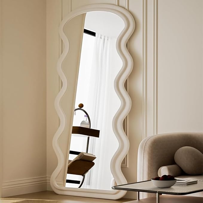 Koonmi 71"x32" Wavy Mirror Full Length, Flannel Floor Mirror, Large Floor Standing Mirror Wall Mounted with Flannel Wrapped Frame for Bedroom & Living Room, White