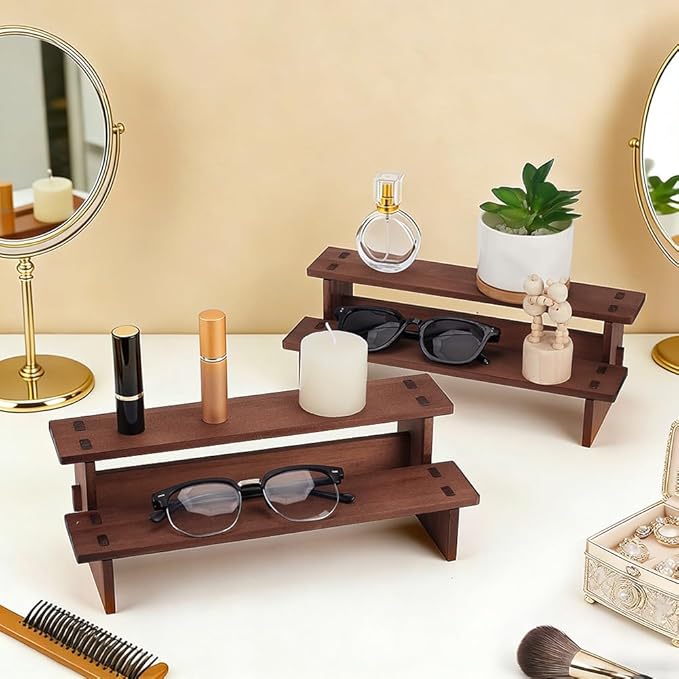 NBEADS 2 Sets 2-Tier Wooden Display Riser Shelf, 11.65x4.69x3.78inch Camel Tabletop Small Food Stand Risers Display Makeup Step Perfume Organizer for Fragrance Cosmetics Figure Collection