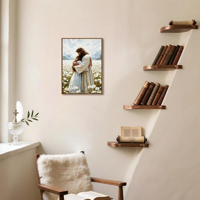 Jesus Embracing Woman Wall Art, Jesus Hugging Women Wall Decor Paintings, Religious Christian Bible Canvas Prints Pictures for Bedroom Living Prayer Room 16x24 inch Framed