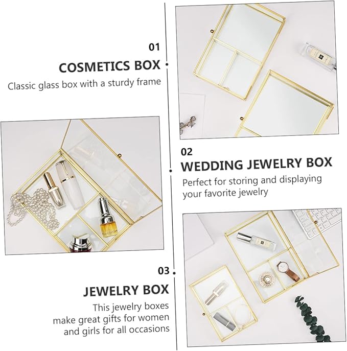Healeved Jewelry Storage Box Glass Lid Cosmetics Organizer Makeup Holder for Necklace Earring Ring for Women Girls Wedding Valentine's Day