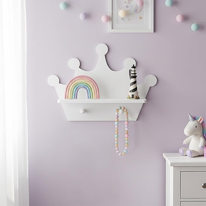 White Crown Floating Wall Shelf with Hooks, Princess Room Decor for Girls Bedroom, Nursery Organizer for Girls Room Storage