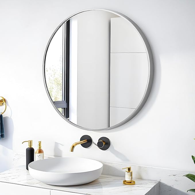 SCWF-GZ 24" Round Mirror Circle Wall Mounted Hanging or Against Wall Aluminum Alloy Metal Frame Dressing Make-up Mirrors for Entryway Bedroom Bathroom Living Room 24 inch Silver