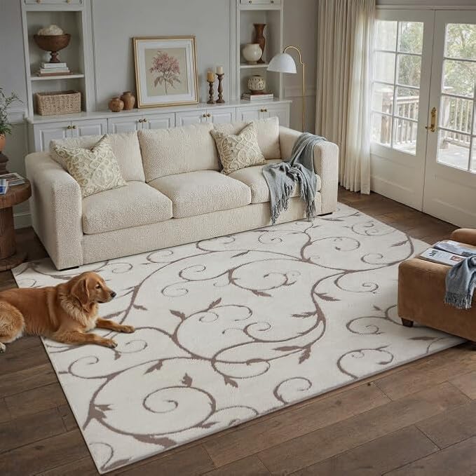 PureCozy Washable Neutral Area Rug 5x7 Beige Soft Shag Rugs for Living Room Modern Boho High Pile Non-Shedding Throw Rugs Non Slip Indoor Office Carpet for Playroom Bedroom Home Aesthetic Decor