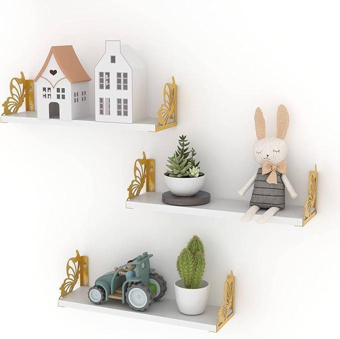 Hoikwo 3 Pack Butterfly Wall Shelves, White Gold Floating Book Shelves, for Mother, Mom, Women, Girls, for Preppy Room Decor, Living Room, Bedroom Decor Aesthetic