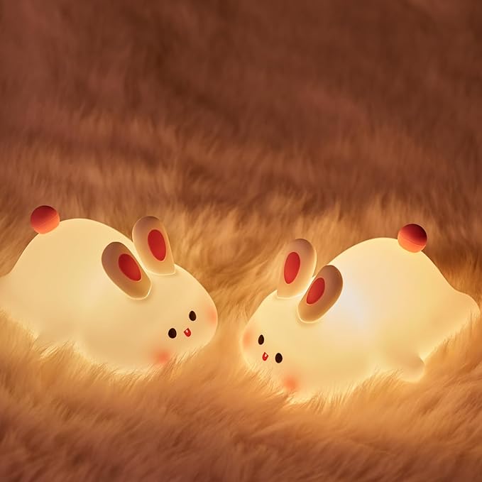 Night Light for Kids, Chubby-Faced Rabbit lamp 3-Level Dimmable USB Rechargeable Lamp with Timer, Soothing Animal Toy for Nursery Bedroom Dorm Decor, Gift for Boys Girls Teens Adults