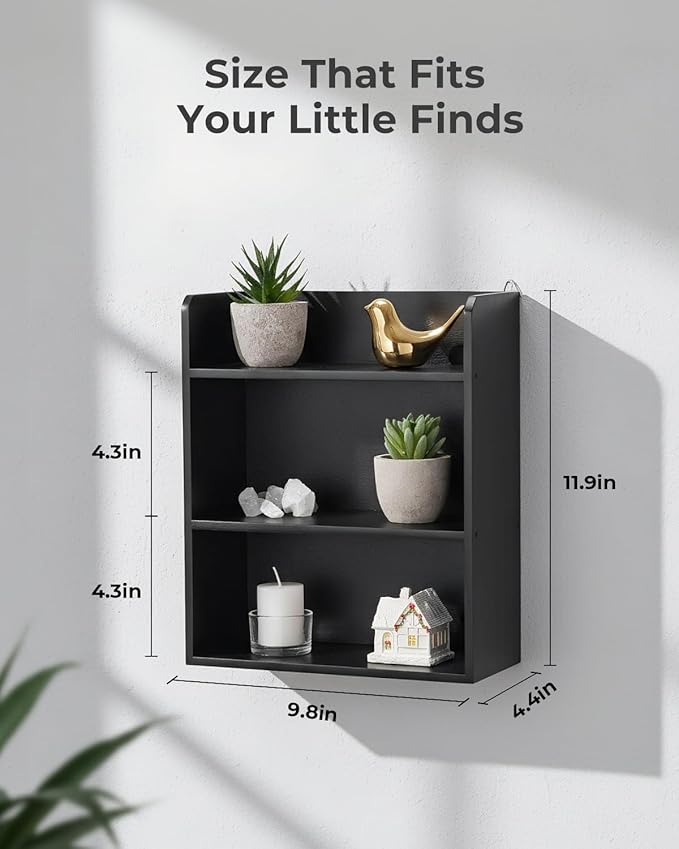 3-Tier Trinket Shelf, Small Display Shelf for Desk or Wall, Wooden Knick-Knack Shelves for Collectibles, Perfume & Crystal Storage, Black