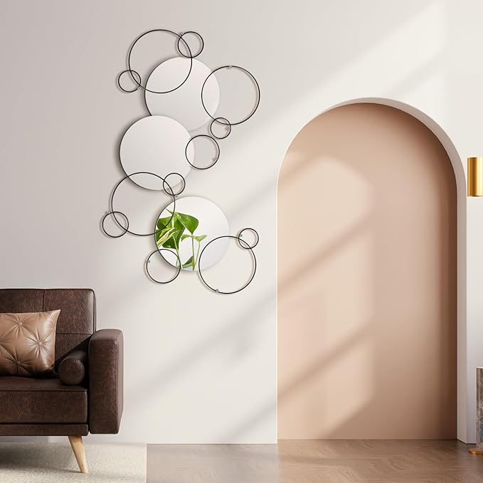 Hicarer 9 Pcs Split Decorative Wall Mirror Modern Black Wall Decor DIY Metal Wall Mirrors for Living Room Decor Circle Plates Overlapping Decorations Wall Decor Set for Hallway Entryway