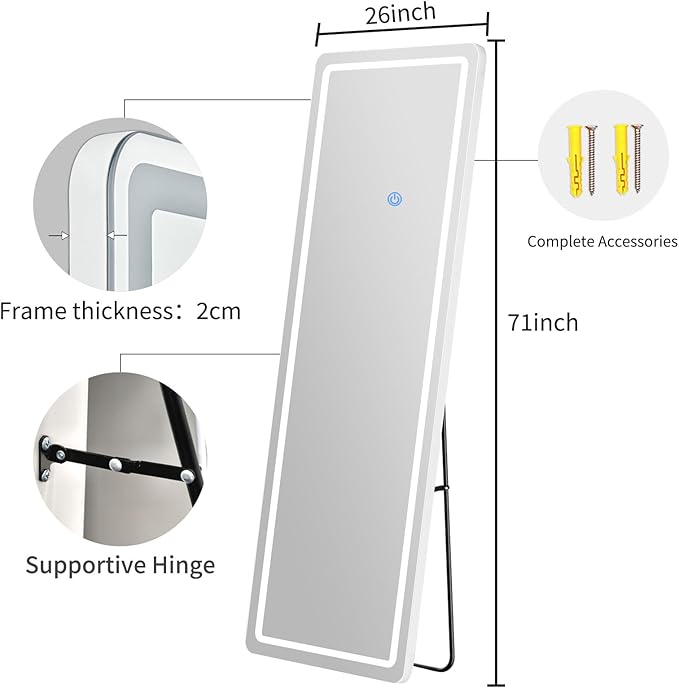 Full Length Mirror with LED Lights, LED Mirrors Full Length Floor Mirror Full Body Mirror for Bedroom Wall Mounted Free Standing (Rectangle, 71" L×26" W)