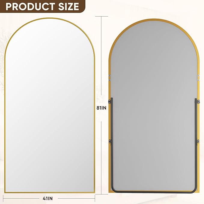 Antok Full Length Mirror, 81"x41" Floor Mirror with Stand, Hanging Mounted Mirrors for Bedroom, Living Room, Cloakroom, Dining Room, Gold, Arched