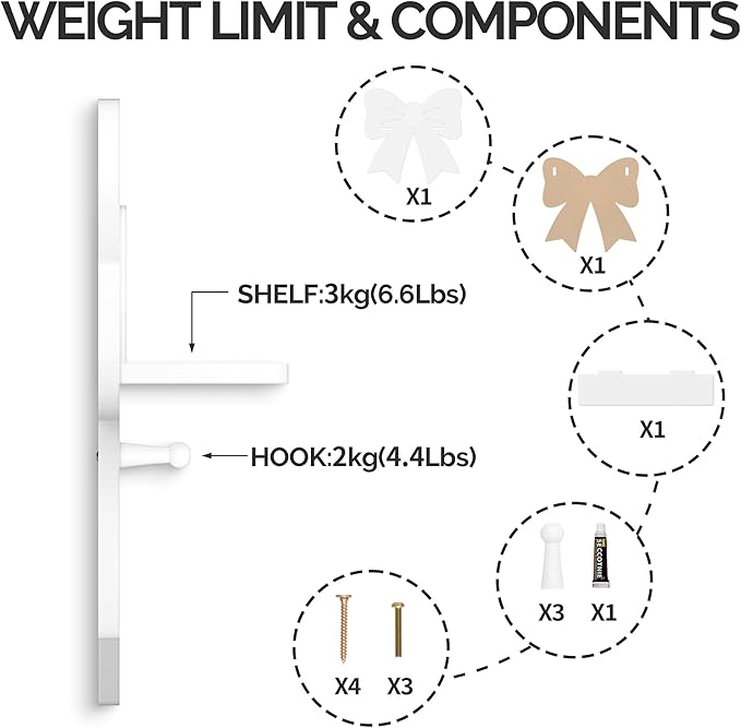 Bow Shaped Floating Shelf with Hooks - Cute White Wooden Wall Decor for Girls Nursery & Bedroom, Trinket Display Organizer
